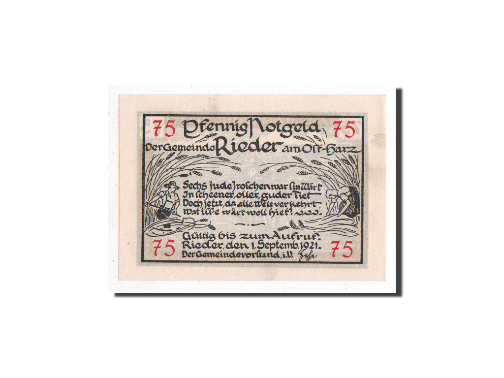 Biljet, Duitsland, Rider a Ostharz, 75 Pfennig, paysage, 1921, 1921-09-01