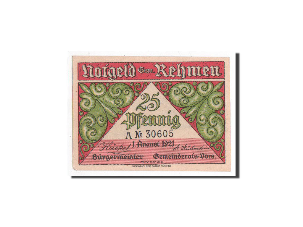 Billet, Allemagne, Rehmen, 25 Pfennig, paysage, 1921, 1921-08-01, NEUF