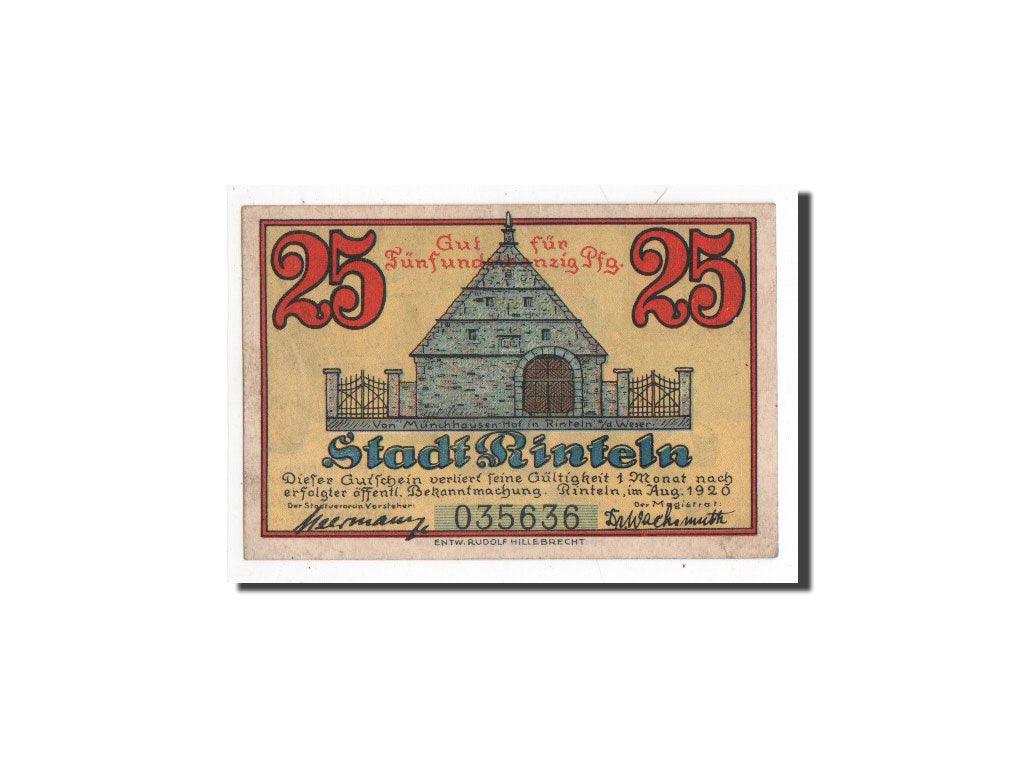Billete, Alemania, Rinteln, 25 Pfennig, personnage, 1920, Undated, UNC