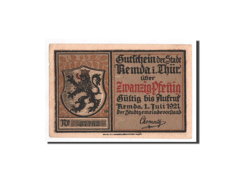 Biljet, Duitsland, Remda, 20 Pfennig, Batiment, 1921, 1921-07-01, NIEUW