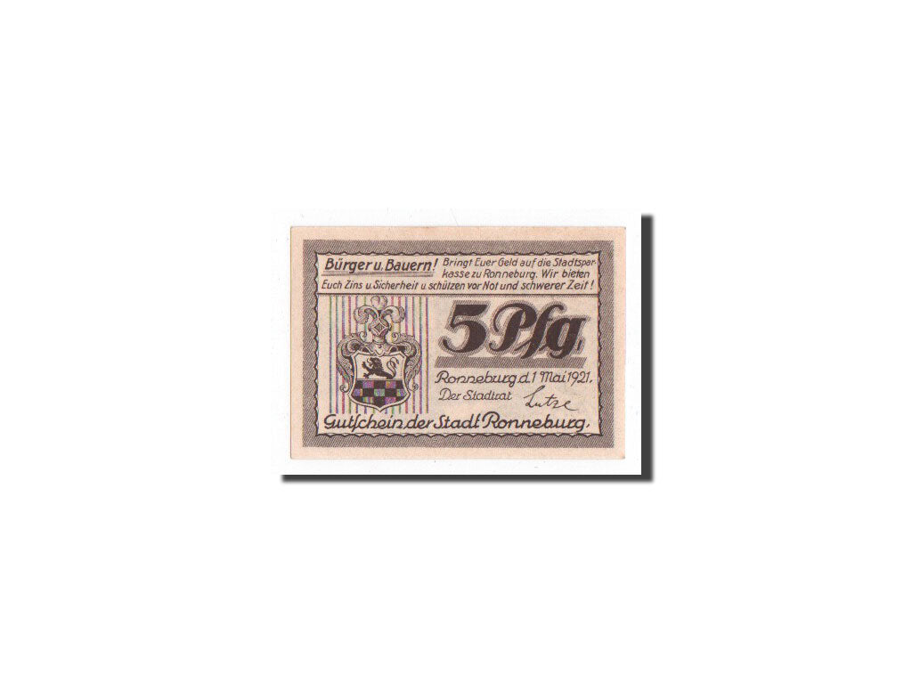 Billet, Allemagne, Ronneburg, 5 Pfennig, Monument, 1921, 1921-05-01, NEUF