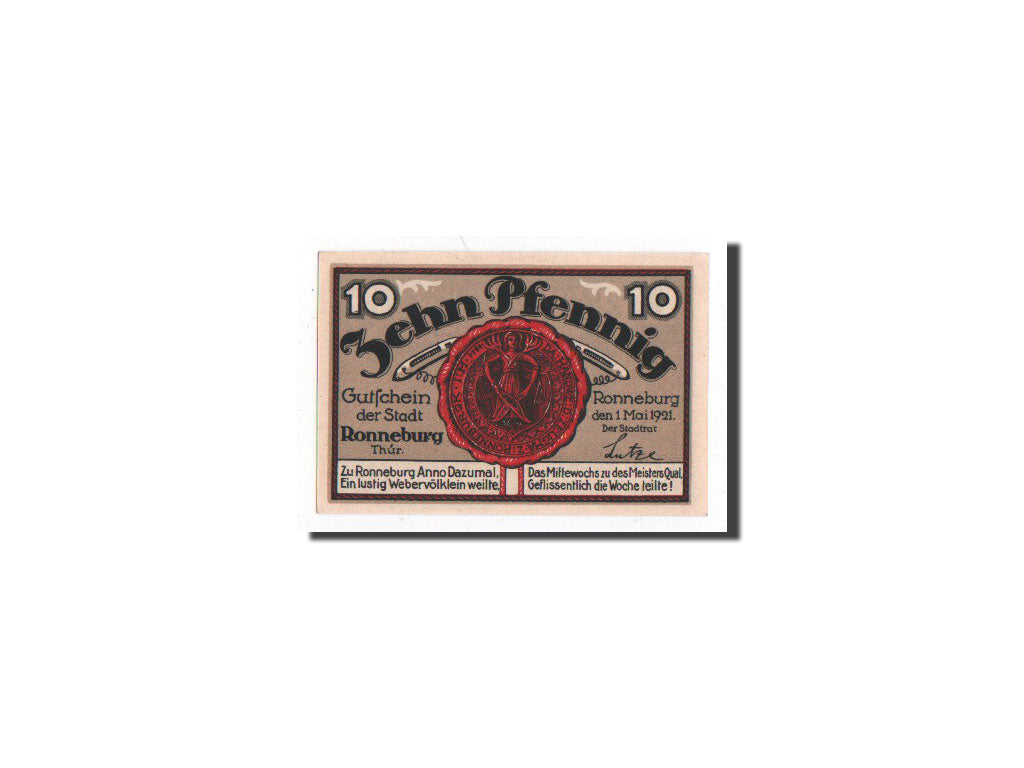 Billet, Allemagne, Ronneburg, 10 Pfennig, Monument, 1921, 1921-05-01, NEUF