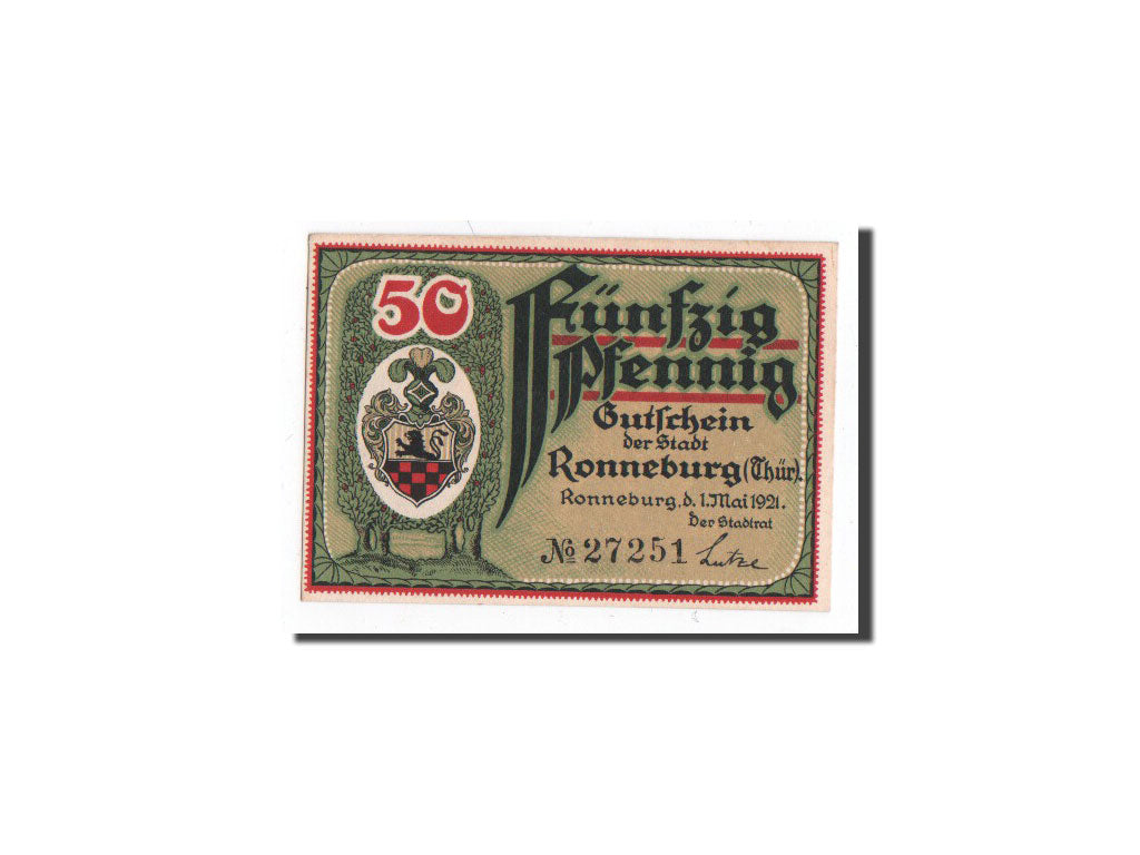 Billet, Allemagne, Ronneburg, 50 Pfennig, Monument, 1921, 1921-05-01, NEUF