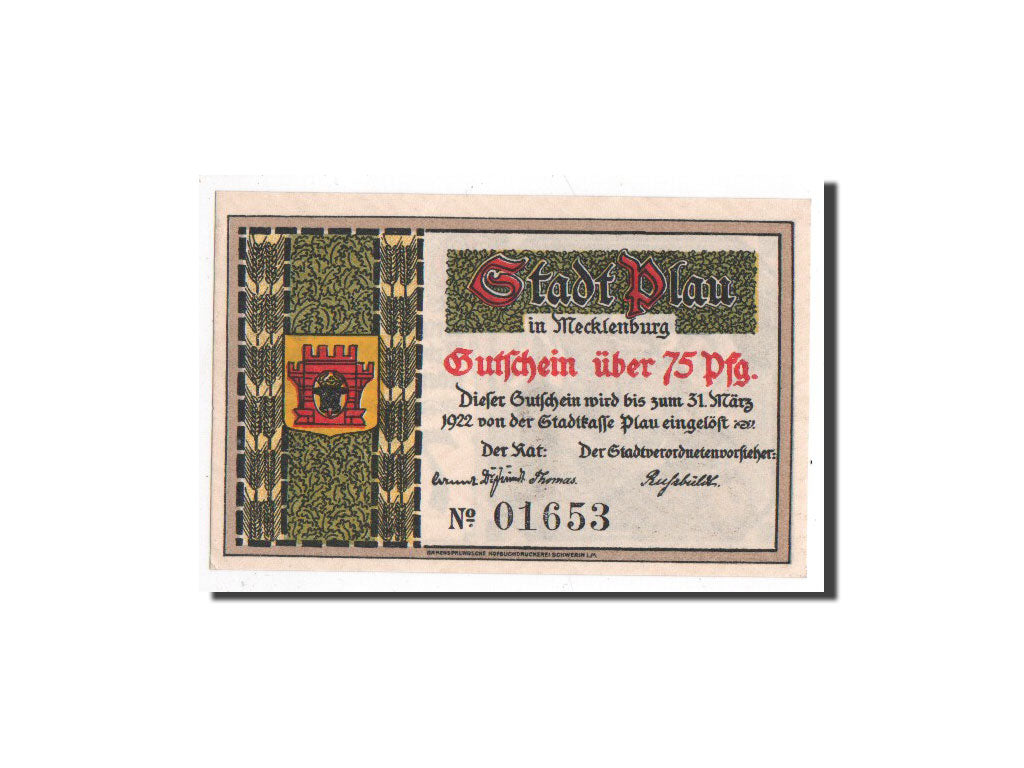 Billete, Alemania, Plau, 75 Pfennig, personnage, O.D, Undated, UNC, Mehl:1061.1