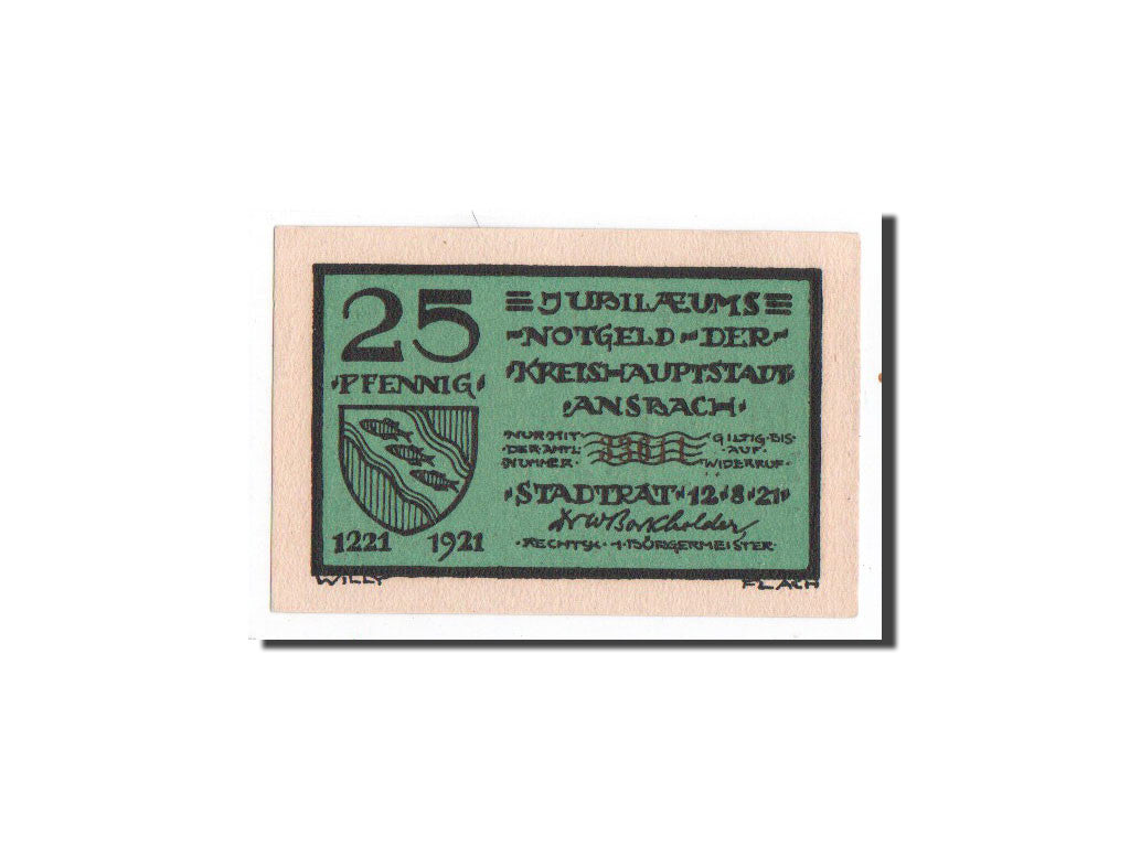 Billet, Allemagne, Ansbach, 25 Pfennig, personnage, 1921, 1921-08-12, NEUF