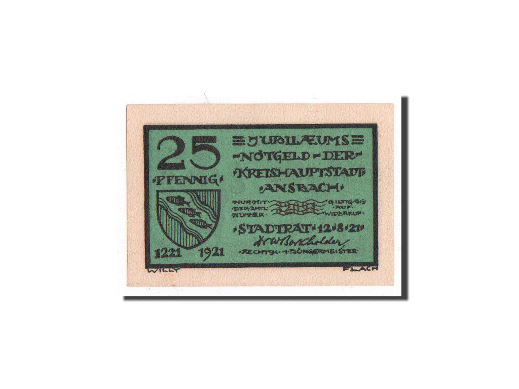 Billet, Allemagne, Ansbach, 25 Pfennig, personnage 1, 1921, 1921-08-12, NEUF