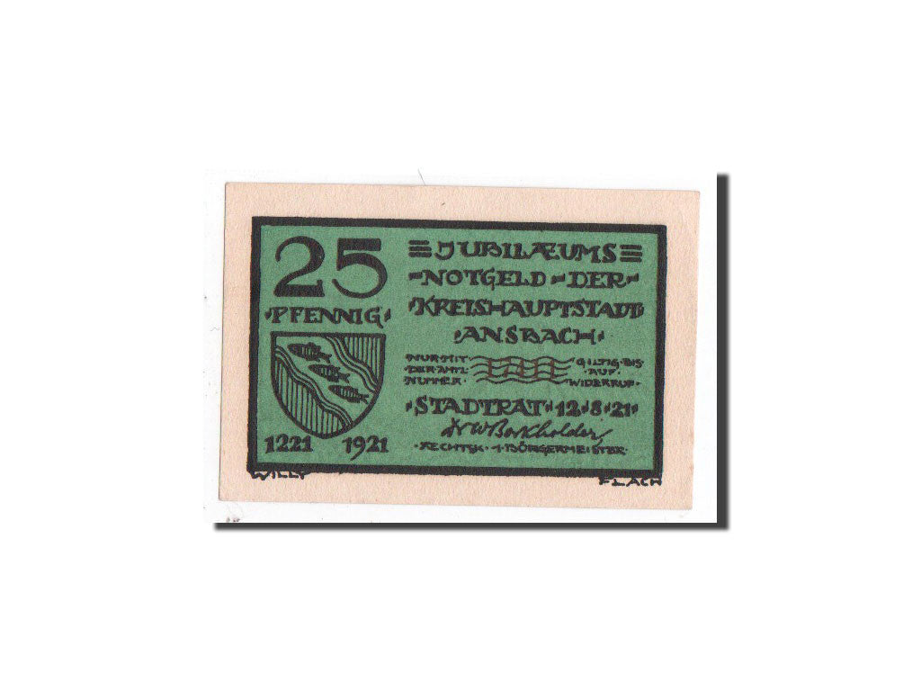 Billet, Allemagne, Ansbach, 25 Pfennig, cavalier, 1921, 1921-08-12, NEUF