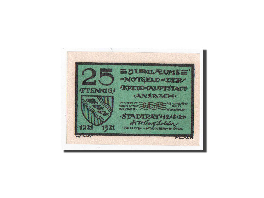 Billet, Allemagne, Ansbach, 25 Pfennig, soldat, 1921, 1921-08-12, NEUF