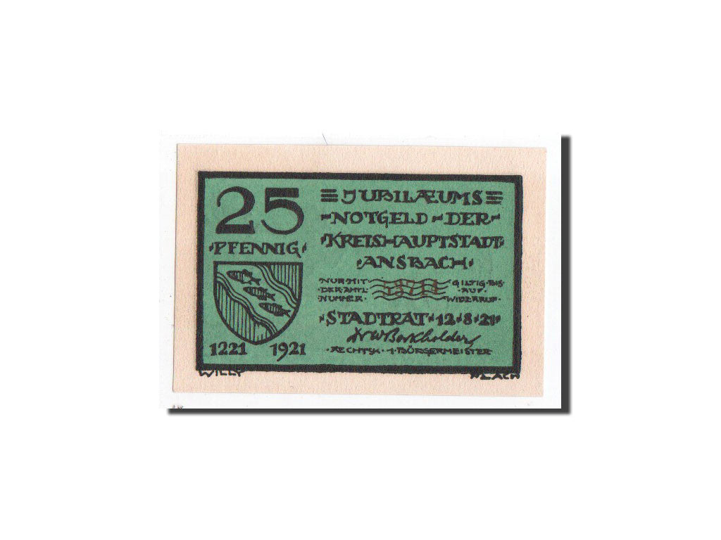 Billet, Allemagne, Ansbach, 25 Pfennig, chasseur, 1921, 1921-08-12, NEUF