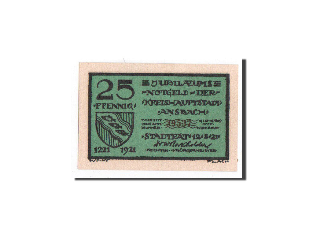 Billet, Allemagne, Ansbach, 25 Pfennig, chasseur 1, 1921, 1921-08-12, NEUF