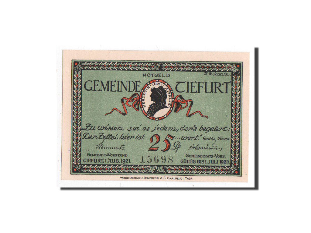 Billet, Allemagne, Tiefurt, 25 Pfennig, Maison, 1921, 1921-08-01, NEUF