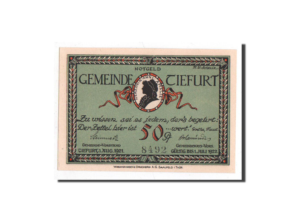 Billet, Allemagne, Tiefurt, 50 Pfennig, paysage, 1921, 1921-08-01, NEUF