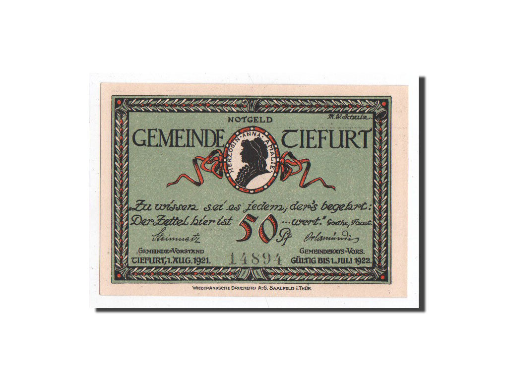 Billet, Allemagne, Tiefurt, 50 Pfennig, Monument, 1921, 1921-08-01, NEUF
