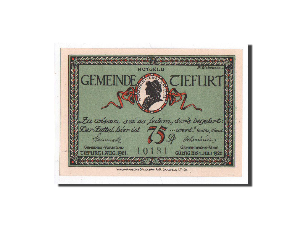 Billet, Allemagne, Tiefurt, 75 Pfennig, Monument, 1921, 1921-08-01, NEUF