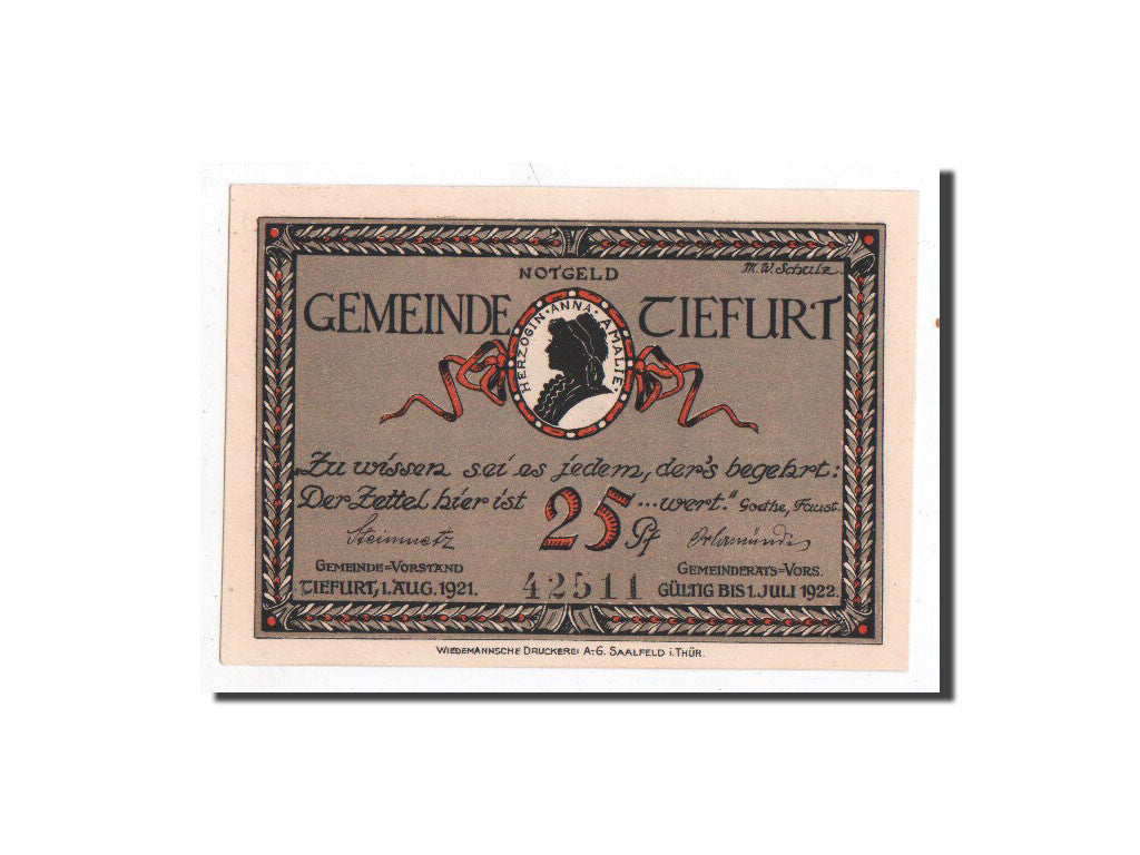 Billet, Allemagne, Tiefurt, 25 Pfennig, Maison, 1921, 1921-08-01, NEUF