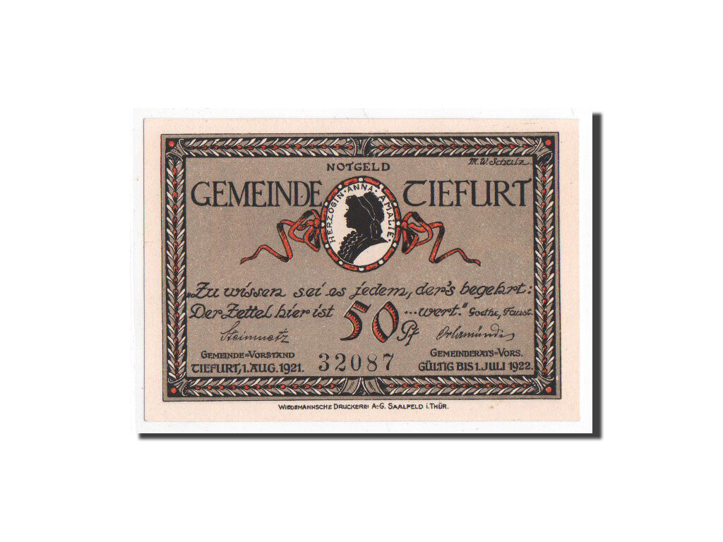 Billet, Allemagne, Tiefurt, 50 Pfennig, paysage, 1921, 1921-08-01, NEUF