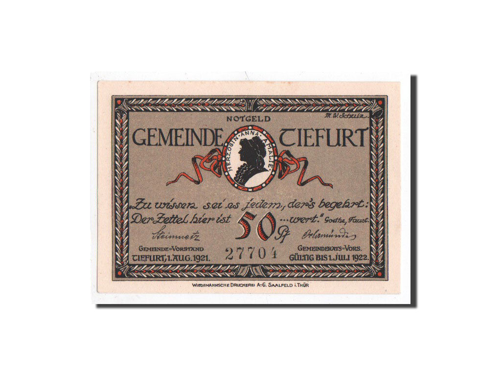 Billet, Allemagne, Tiefurt, 50 Pfennig, Monument, 1921, 1921-08-01, NEUF