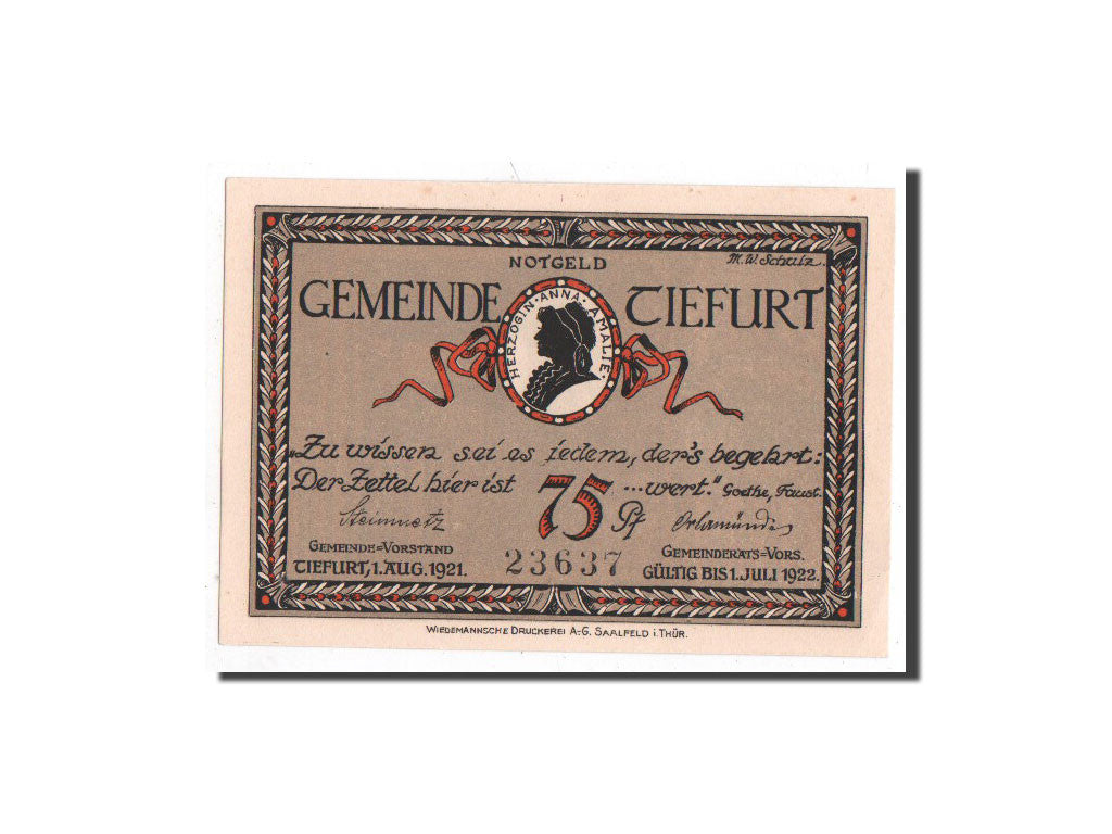 Billet, Allemagne, Tiefurt, 75 Pfennig, Monument, 1921, 1921-08-01, NEUF