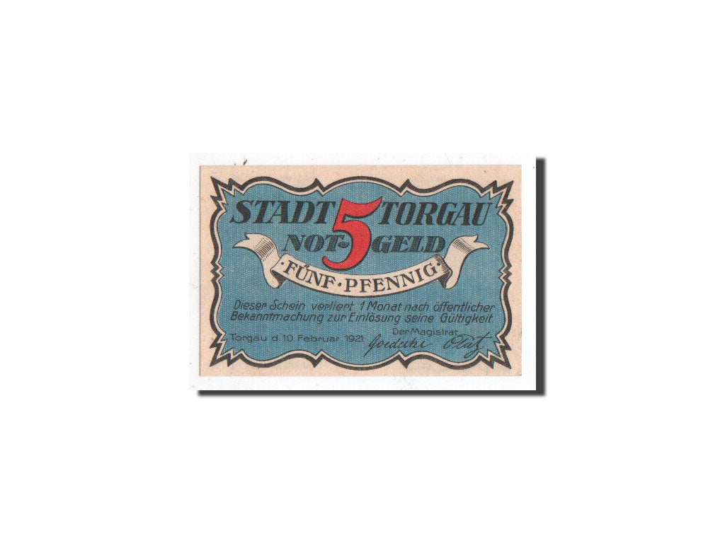 Biljet, Duitsland, Torgau, 5 Pfennig, chevalier, 1921, 1921-02-10, NIEUW
