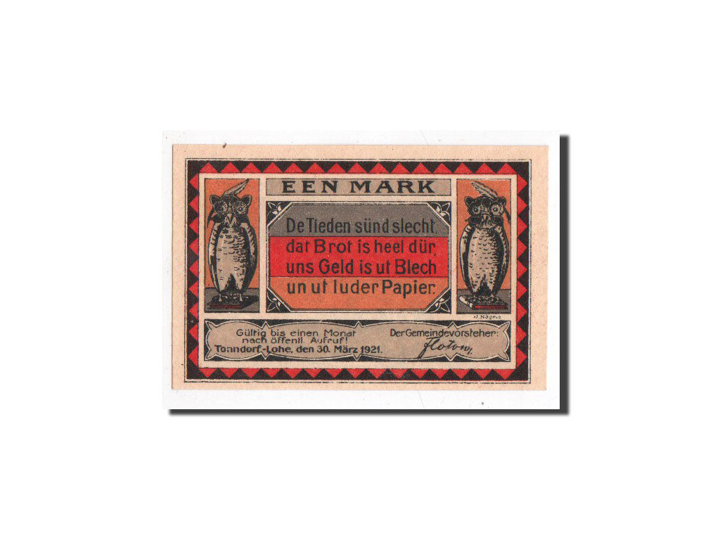 Biljet, Duitsland, Tonndorf - Lohe, 1 Mark, personnage, 1921, 1921-03-30, NIEUW