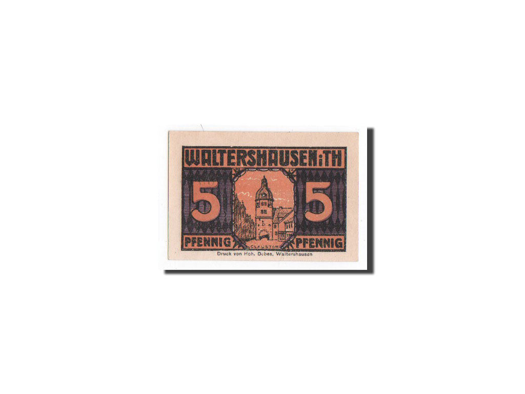 Billet, Allemagne, Waltershausen, 5 Pfennig, Monument, 1921, 1921-07-01, NEUF