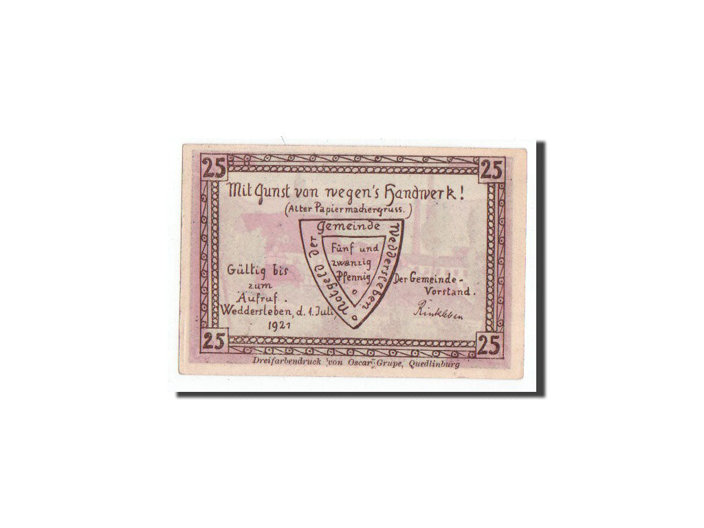 Banknote, Germany, Weddersleben, 25 Pfennig, paysage, 1921, Undated, UNC(65-70)