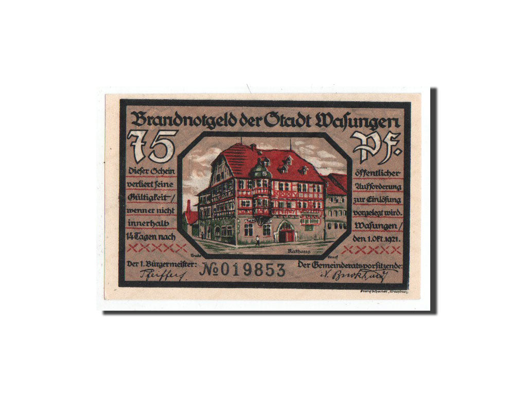 Banknote, Germany, Wasungen, 75 Pfennig, efondrement, 1921, 1921-10-01