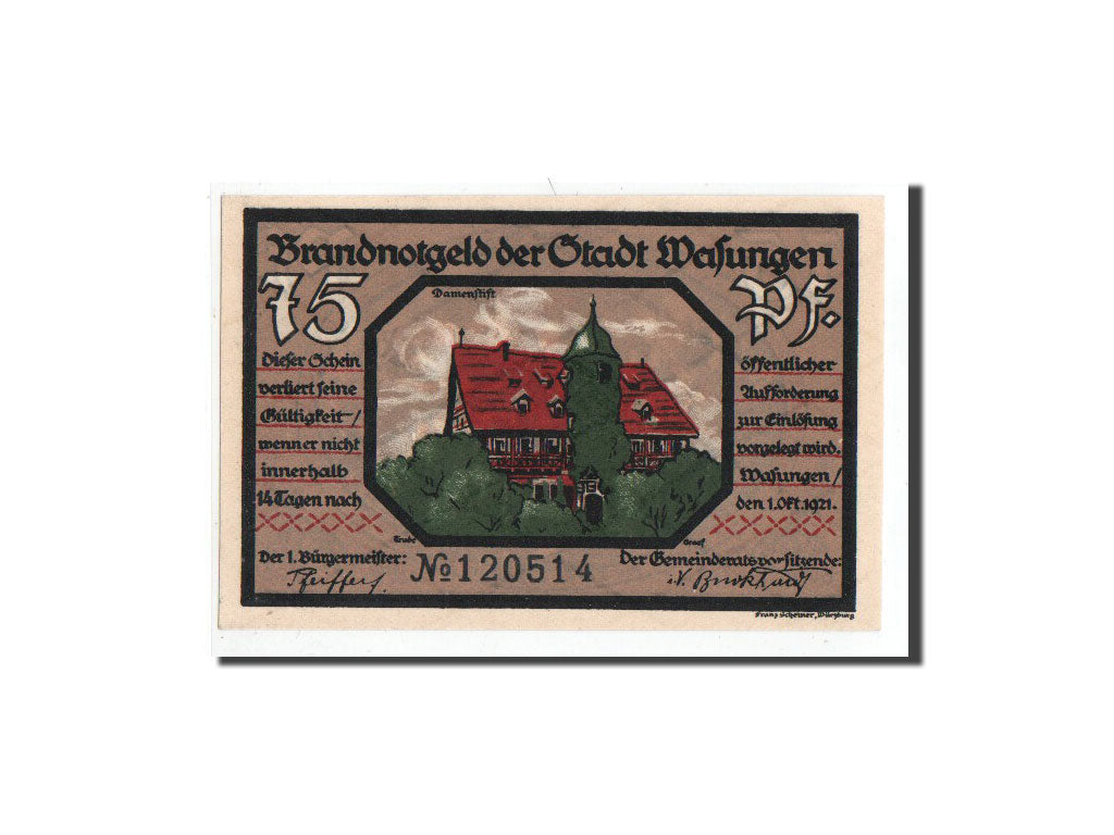 Banknote, Germany, Wasungen, 75 Pfennig, efondrement, 1921, 1921-10-01