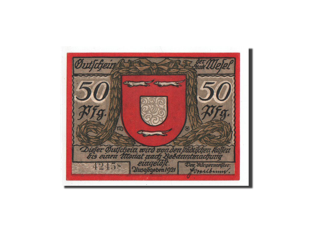 Banknote, Germany, Wesel, 50 Pfennig, Monument, 1921, Undated, UNC(65-70)