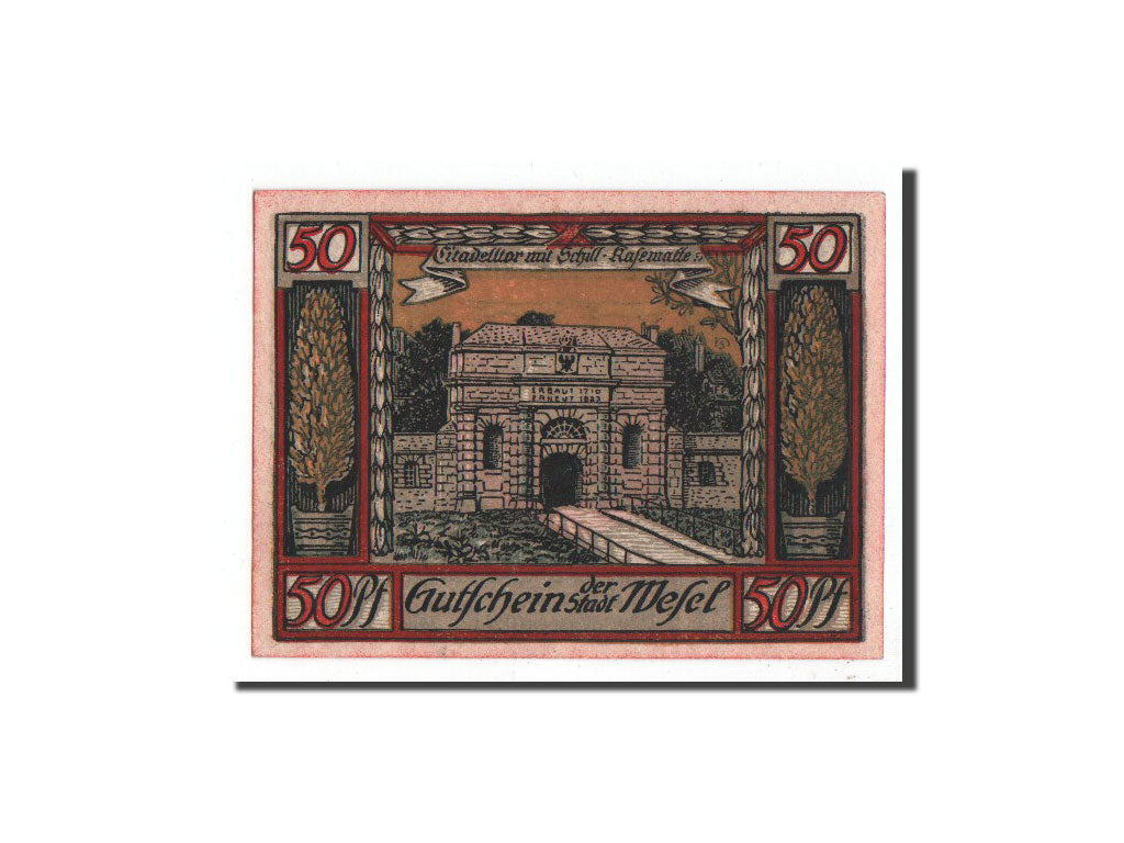 Geldschein, Deutschland, Wesel, 50 Pfennig, monument 1, 1921, Undated, UNZ