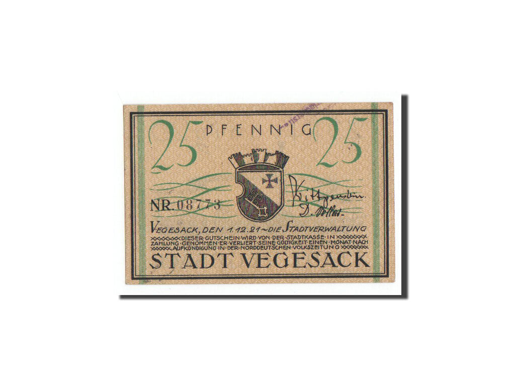 Billete, Alemania, Vegesack, 25 Pfennig, Ecusson, 1921, Undated, UNC