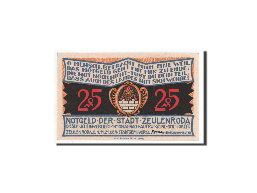 Banconote, Germania, Zeulenroda, 25 Pfennig, pont, 1921, 1921-11-01, FDS