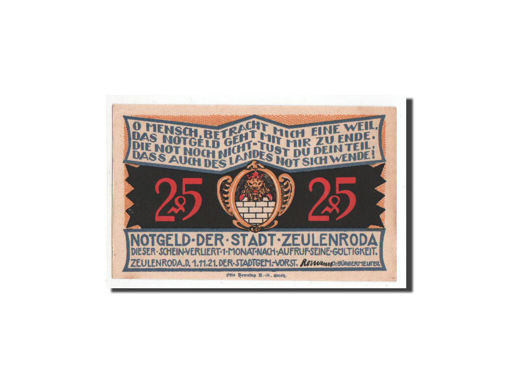 Banconote, Germania, Zeulenroda, 25 Pfennig, Ville, 1921, 1921-11-01, FDS