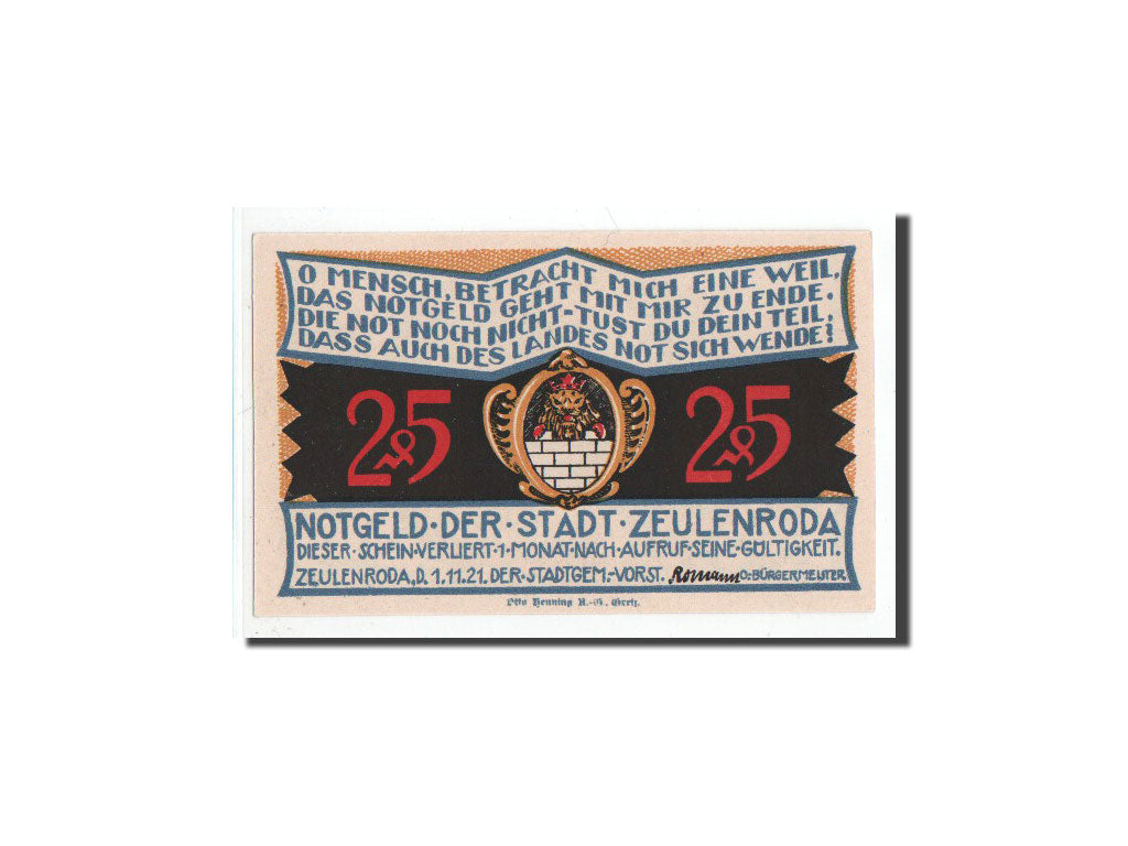Banconote, Germania, Zeulenroda, 25 Pfennig, ville 1, 1921, 1921-11-01, FDS