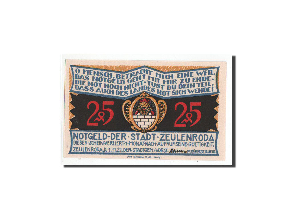Banconote, Germania, Zeulenroda, 25 Pfennig, ville 3, 1921, 1921-11-01, FDS