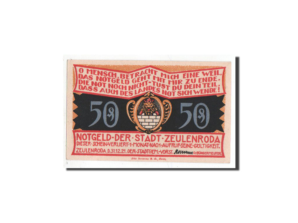 Banconote, Germania, Zeulenroda, 50 Pfennig, Eglise, 1921, 1921-12-31, FDS