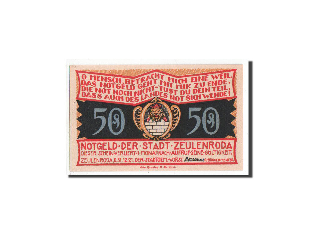 Billete, Alemania, Zeulenroda, 50 Pfennig, arbre, 1921, 1921-12-31, UNC