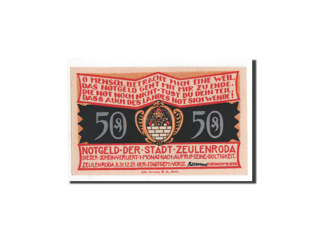 Billete, Alemania, Zeulenroda, 50 Pfennig, Eglise 1, 1921, 1921-12-31, UNC