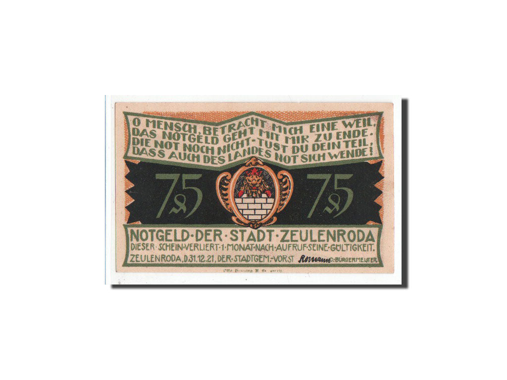 Billete, Alemania, Zeulenroda, 75 Pfennig, Ville, 1921, 1921-12-31, UNC
