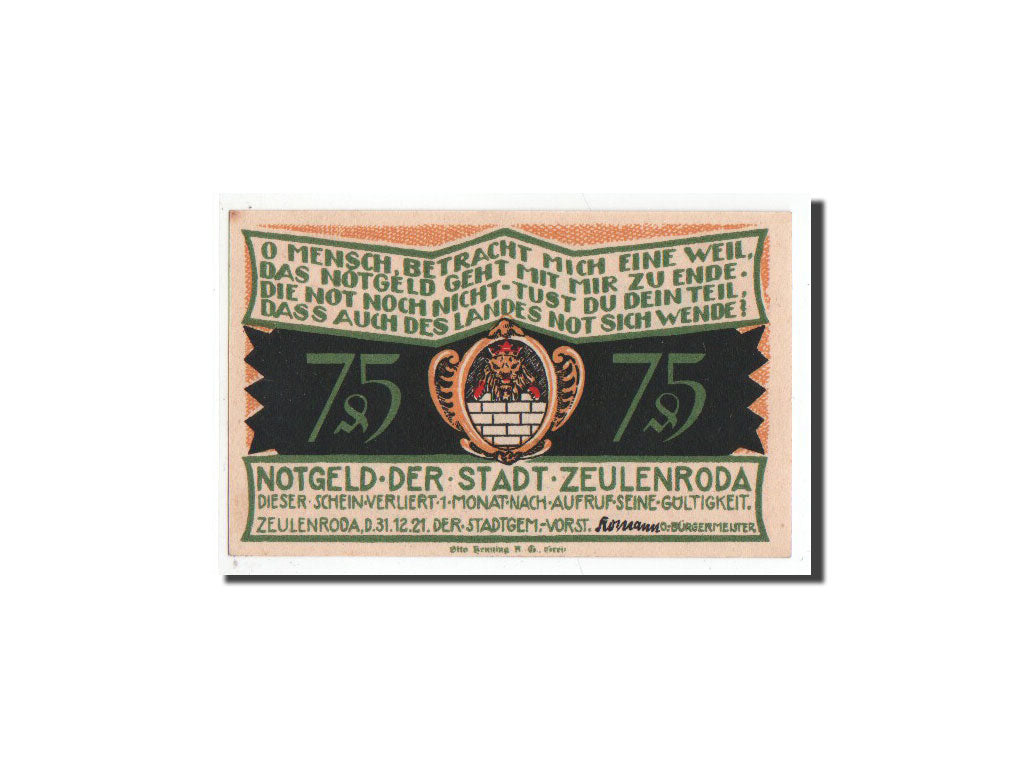 Billete, Alemania, Zeulenroda, 75 Pfennig, personnage, 1921, 1921-12-31, UNC