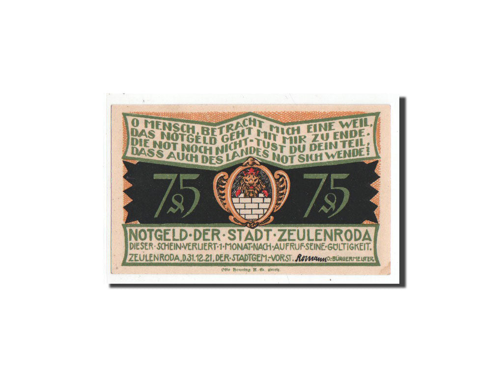 Billete, Alemania, Zeulenroda, 75 Pfennig, personnage 1, 1921, 1921-12-31, UNC