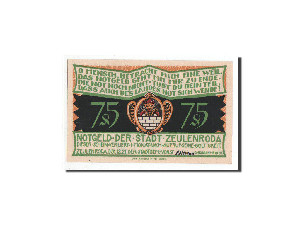 Billete, Alemania, Zeulenroda, 75 Pfennig, soldat, 1921, 1921-12-31, UNC