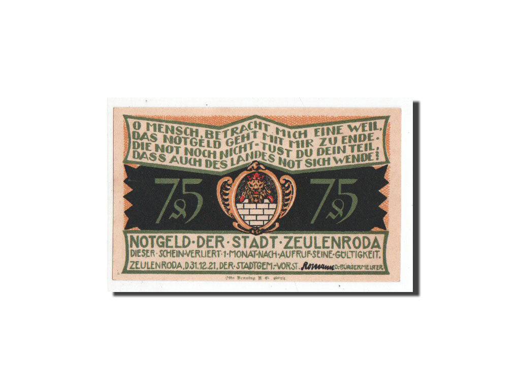 Billete, Alemania, Zeulenroda, 75 Pfennig, personnage 2, 1921, 1921-12-31, UNC