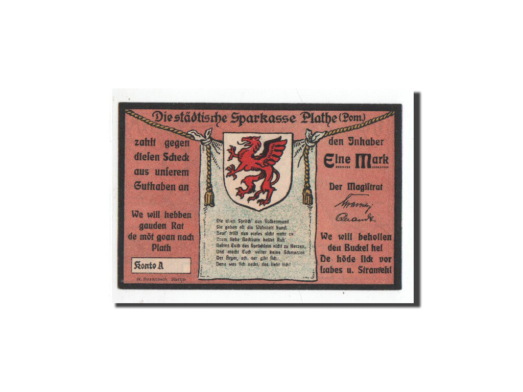 Banknote, Germany, Plathe, 1 Mark, paysage, O.D, Undated, UNC(65-70), Mehl:1060