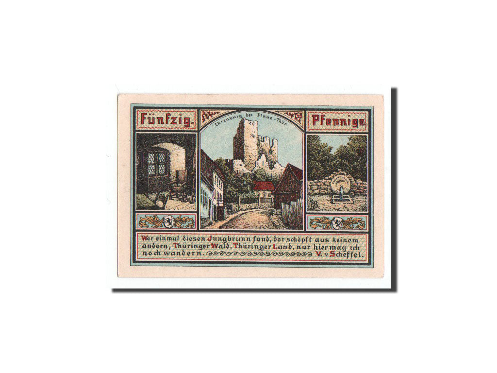 Banconote, Germania, Plaue Thür., 50 Pfennig, château, 1921, Undated, FDS