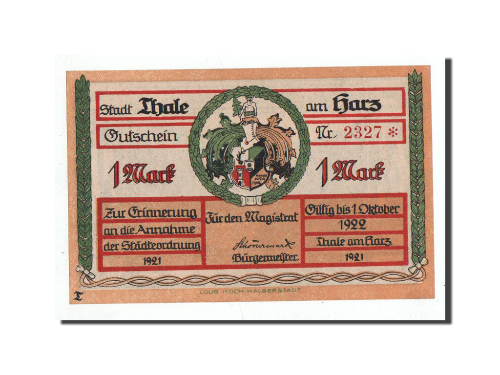 Banconote, Germania, Thale a.Harz Stadt, 1 Mark, paysage, 1921, Undated, FDS