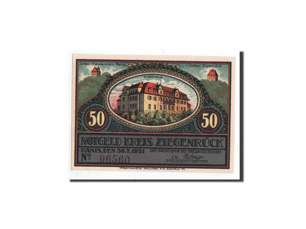 Billete, Alemania, Ziegenrück, 50 Pfennig, château, 1921, 1921-07-30, UNC