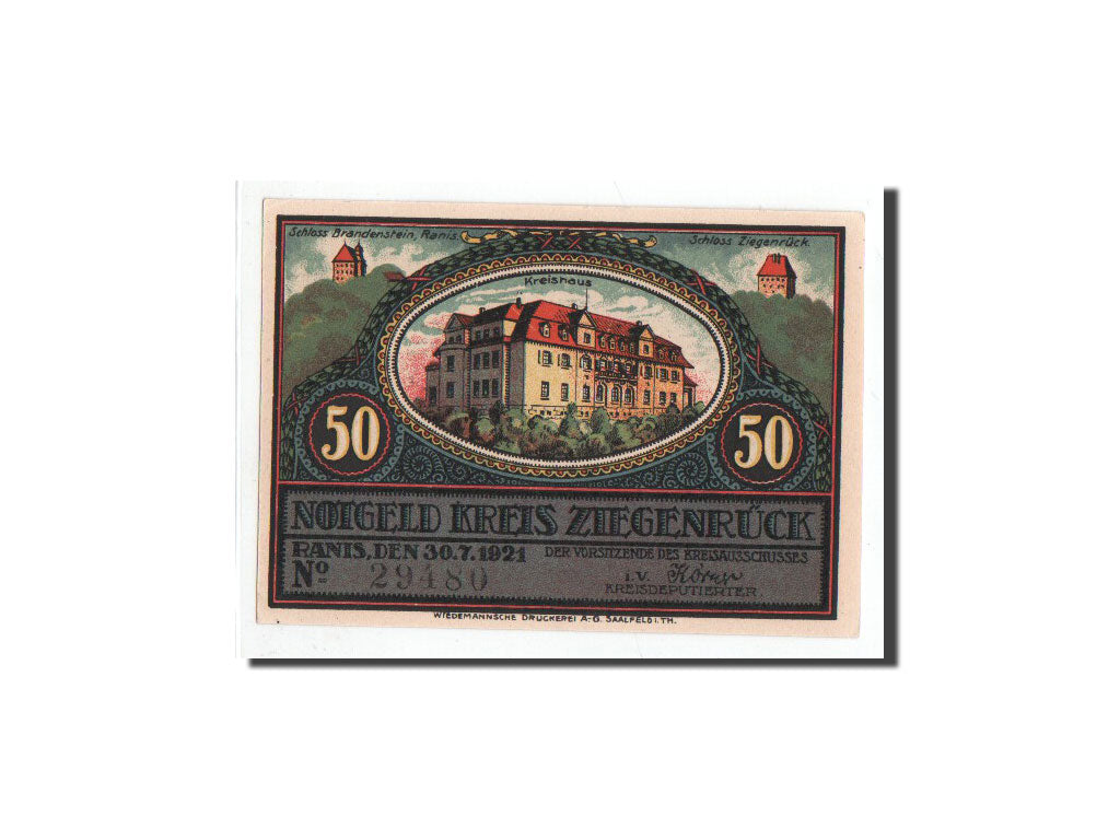 Billete, Alemania, Ziegenrück, 50 Pfennig, chateau 1, 1921, 1921-07-30, UNC