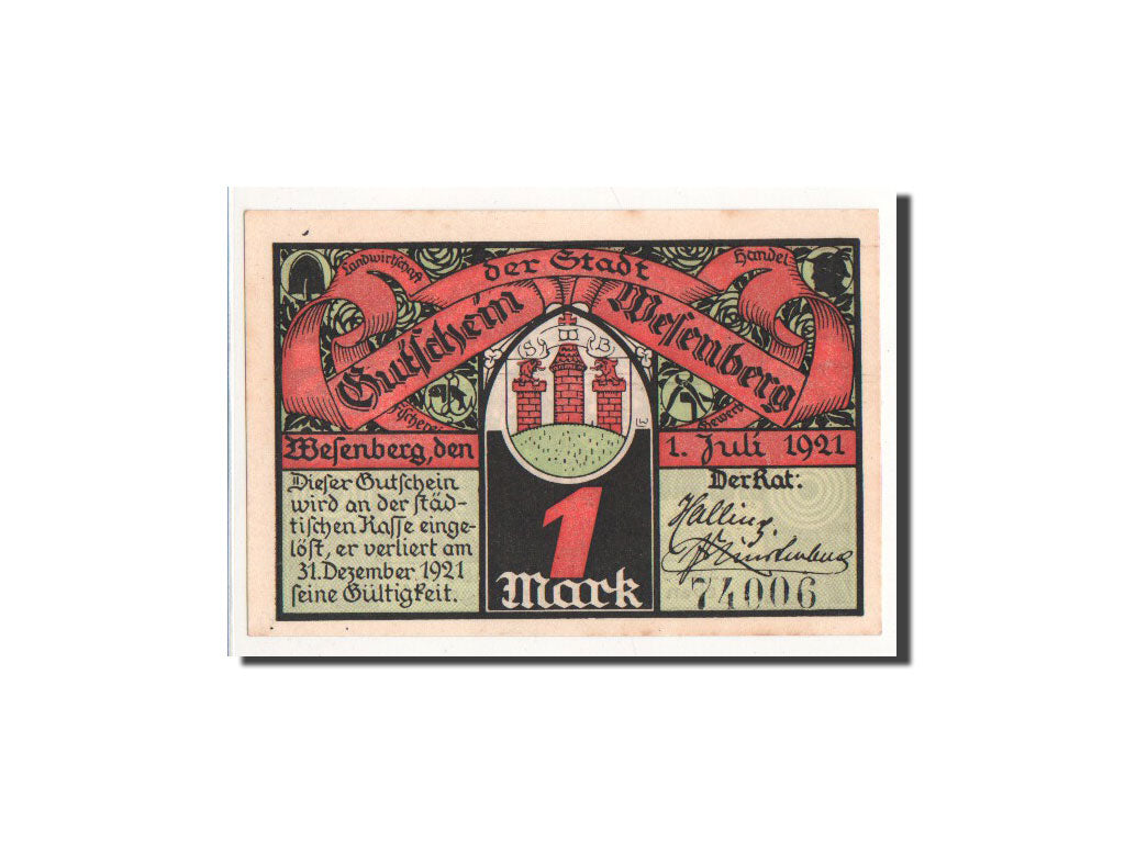 Banknote, Germany, Wesenberg, 1 Mark, personnage, 1921, 1921-07-01, UNC(65-70)