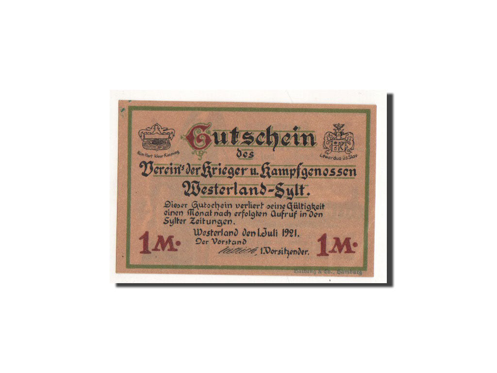 Geldschein, Deutschland, Westerland, 1 Mark, personnage, 1921, 1921-07-01, UNZ